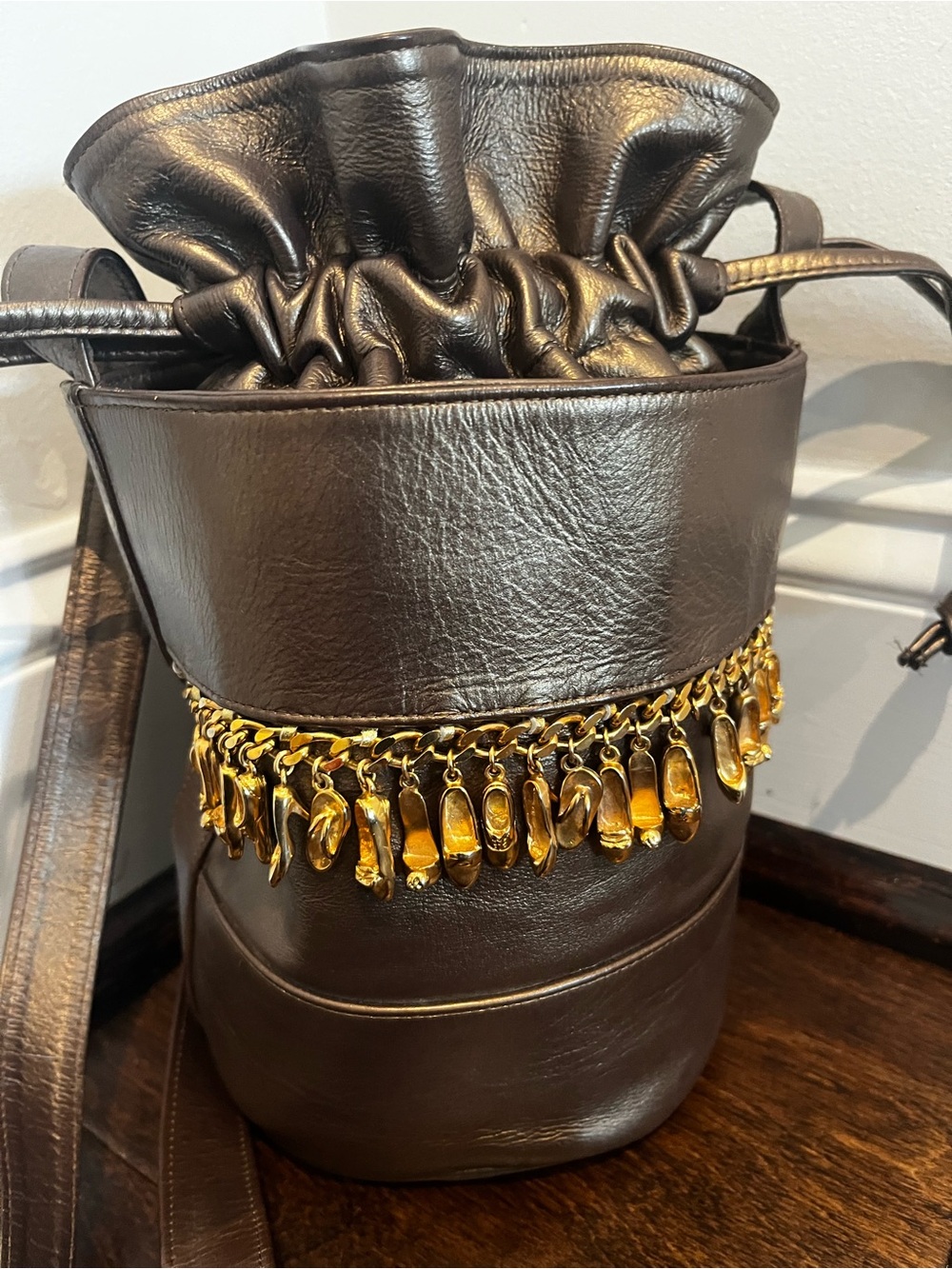 Vintage Collectible Stuart Weitzman Drawstring Bucket Bag w/ Shoe Charms